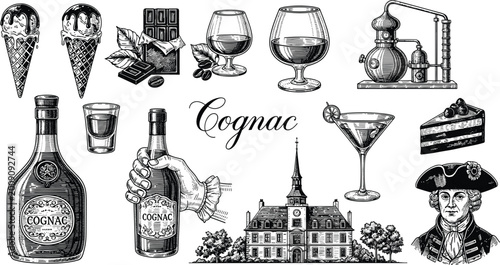 Tableau sur toile Vintage cognac distillery set featuring hand drawn engraving style bottles, snifter glasses, alembic copper still, chocolate, and historical French chateau for luxury branding designs