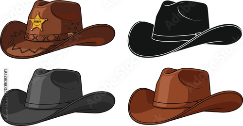 Tableau sur toile Western cowboy hat collection featuring brown leather stetson, sheriff badge hat, black felt headwear, and minimalist silhouette icons for rodeo and country lifestyle designs