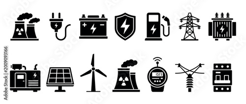 Set of black silhouette icons related to energy, power, and electricity, featuring a nuclear plant, solar panel, wind turbine, battery, and electric plug symbols
