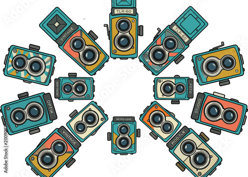 Cuadro en lienzo Retro Twin Lens Reflex Camera Circular Arrangement Vector Set with Colorful Vint