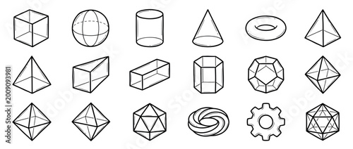 Large set of various geometric shapes and 3D figures drawn in a black and white line art style, featuring cube, sphere, cone, pyramid, and complex polyhedra for math education