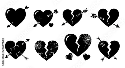 Bild auf Leinwand Broken Heart Icons Set: Love, Pain, Sadness, and Healing Symbols