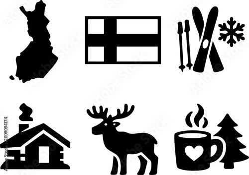 Finland travel and winter culture black glyph icon set