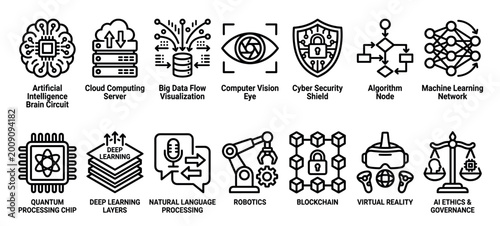 Fifteen distinct black line art technology icons illustrate various concepts of artificial intelligence, data, and advanced computing in a modern, clean style