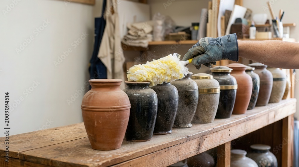 Fototapeta premium Selection of cremation urns arranged on wooden table with artisan preparing for display, showcasing variety of designs and materials.