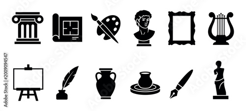 Collection of black silhouette art icons representing creative and historical subjects like architecture, sculpture, painting, music, pottery, and writing in a simple flat glyph style