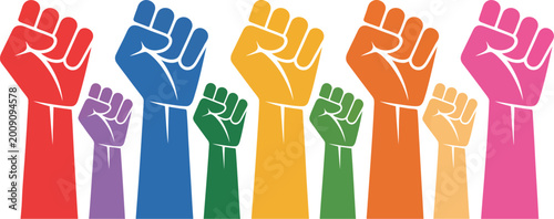 Raised fists, colorful protest symbol showing unity resistance empowerment and diversity for social activism and awareness campaign design.