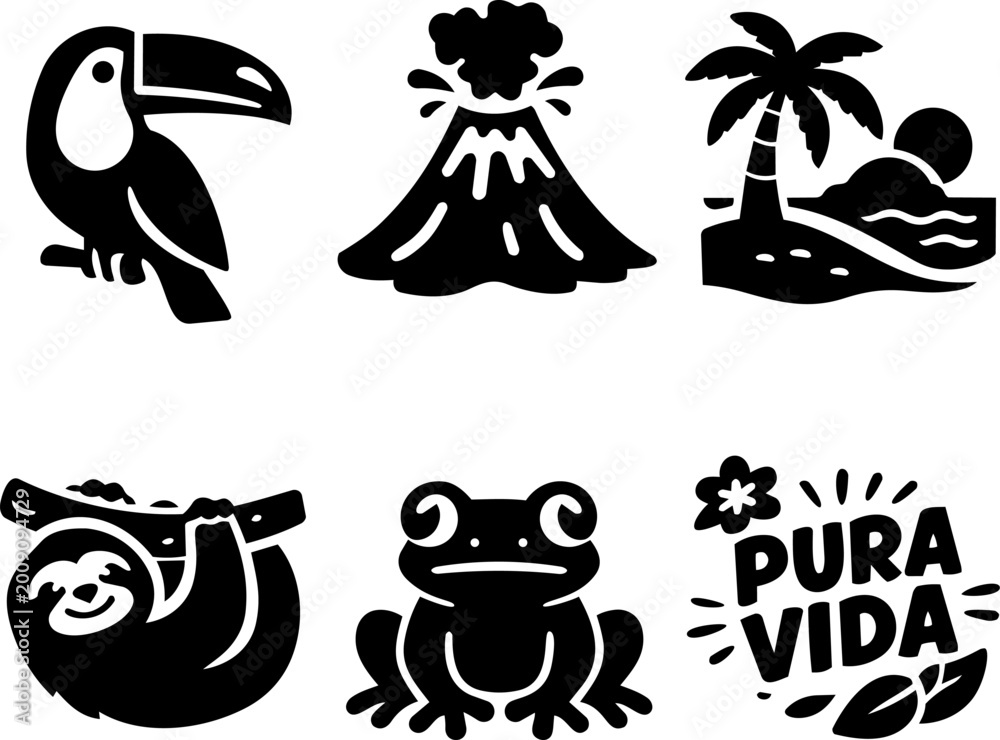 Fototapeta premium Costa Rica nature and tourism black glyph icon set