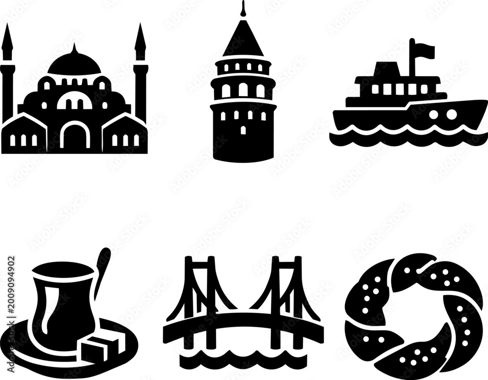 Fototapeta premium Middle East travel and culture black glyph icon set
