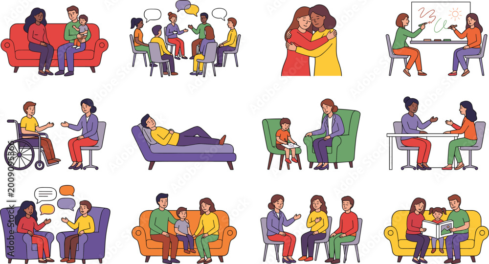 Naklejka premium Therapy and Counseling Sessions - Individuals and Groups in Emotional Support, Therapy Conversations, and Family Sessions for Mental Health Illustration