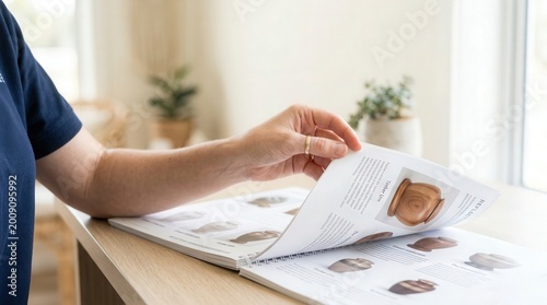 Hand flipping through cremation urn catalog on wooden table near window, showcasing various urn designs and styles. Catalog provides detailed information for cremation urn selection.