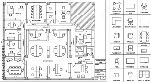Office Layout Floor Plan with Detailed Furniture Arrangement, Desks, Chairs, Cabinets, and Meeting Room Designs for Workspace Planning