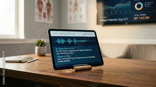 Medical consultation tablet displaying live transcription and patient data with vital signs for healthcare meeting room background