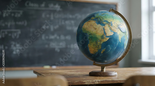 Educational world globe prominently displayed on a rustic wooden desk within a traditional empty classroom, inspiring global awareness and geographical learning