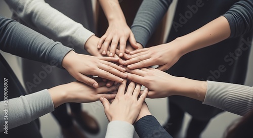 top view of diverse business team hands stacked together
