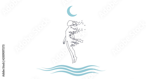 Tableau sur toile A minimalist vector illustration of a woman floating upwards under a crescent moon, with her body dissolving into bubbles above blue waves