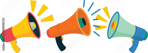 Tableau sur toile Set of colorful megaphones with sound waves for broadcasting announcements, advertising speaker and protest bullhorn vector illustrations isolated on a white background