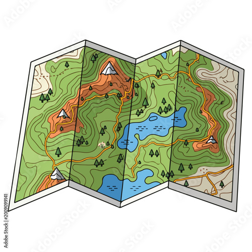 Folded Camping Hiking Topographic Trail Map Vector Illustration