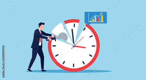 Corporate businessman using a large knife to cut a giant clock into segments representing time division and scheduling.