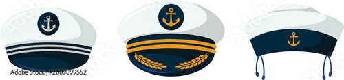 Εκτύπωση καμβά Set of white nautical sailor and captain hats featuring golden anchor badges, maritime ship officer and marine headwear vector illustrations isolated on a white background