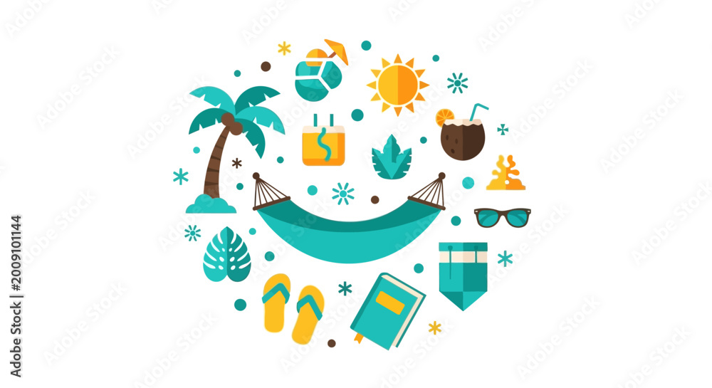 Naklejka premium Summer Vacation Elements in Flat Design Style with Hammock, Sun, Palm Tree, and Tropical Beach Travel Icons