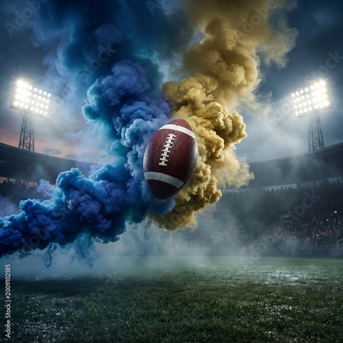 American football on field with blue and yellow smoke stadium lights