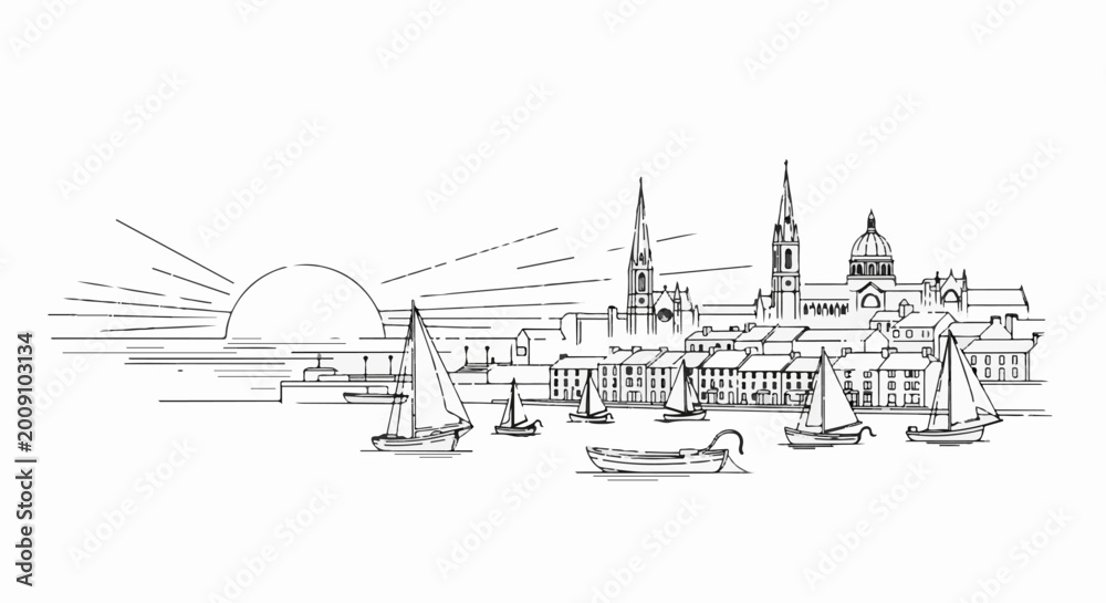 Fototapeta premium Stylized black and white illustration of a coastal city skyline at sunrise