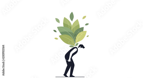 Foto A minimalist vector illustration of a silhouetted man hunched over with a large bunch of green leaves sprouting from his back