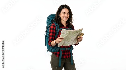 Smiling female hiker with backpack reading map on white background