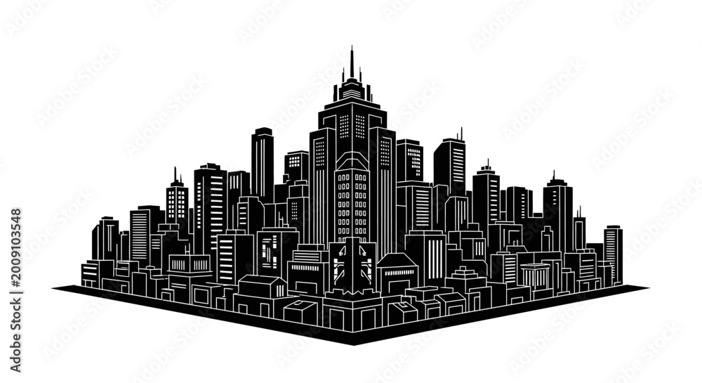 Fototapeta premium Modern City Skyline Silhouette with Isometric Perspective
