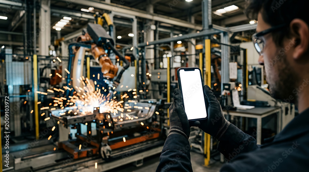 Fototapeta premium Factory Worker Using Smartphone to Monitor Robotic Arm Welding in Advanced Manufacturing Facility