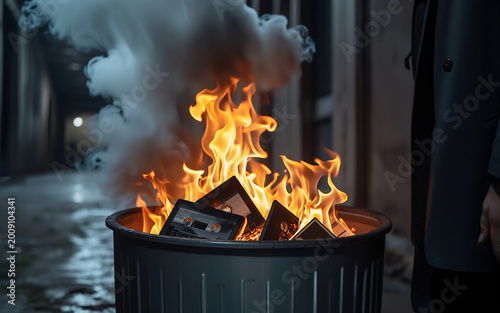 burning fire trash bin