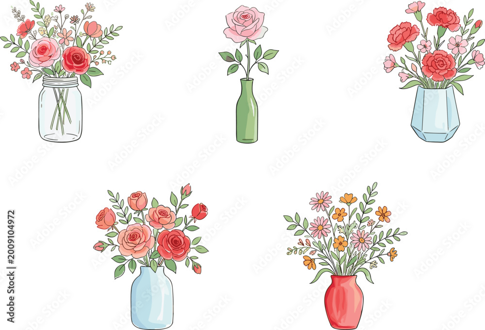 Obraz premium Hand-drawn Floral Arrangements in Vases - Pink Roses, Wildflowers, and Seasonal Blooms for Botanical Illustration