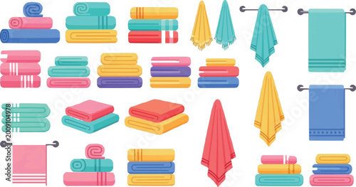Konstfotografi Colorful towel collection with folded bathroom textiles hanging fabric and spa e