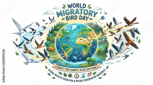 World Migratory Bird Day, Earth illustration with flying birds, ecology concept, conservation awareness