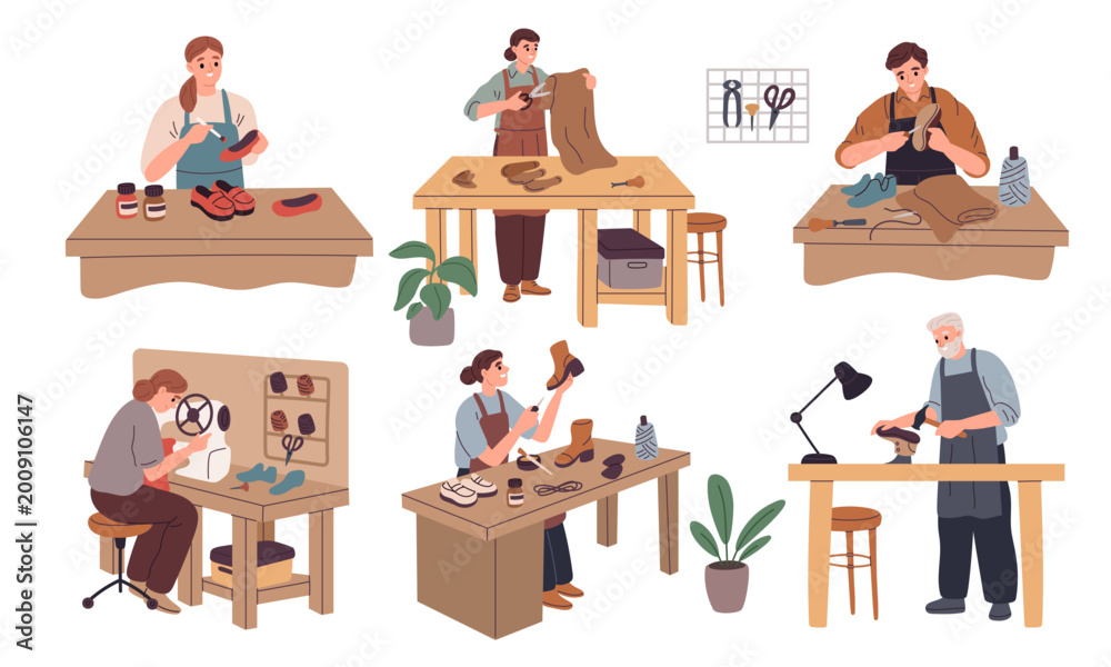 Fototapeta premium Shoemakers characters. People repair and create shoes, skin cutting, skin cutting, painting and piercing, working process in workshop, leather footwear, garish vector cartoon isolated set