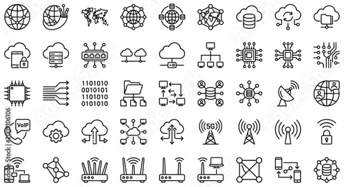 Bild auf Leinwand Networking and Technology Icon Set with Cloud, Data, Security, Communication, an