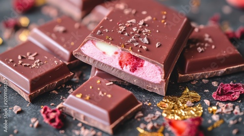 Chocolate Bars with Strawberry Filling and Garnishes