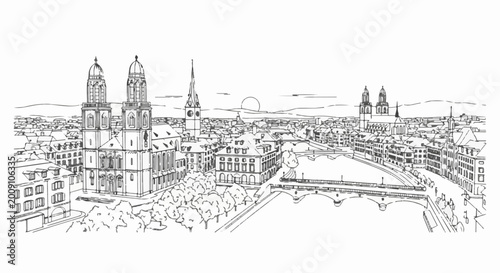 Sketch of city skyline with twin cathedrals and river bridges under sun