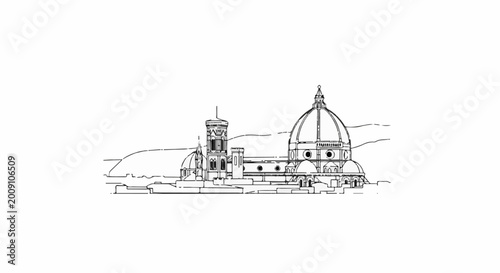 Sketch of dome and campanile against hills