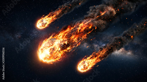 Dramatic fiery meteoroids hurtling through the vast expanse of the cosmos with bright burning trails