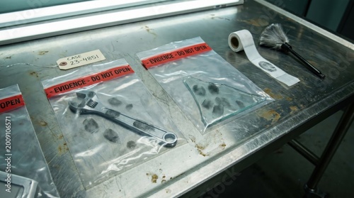 Forensic Evidence Bags with Fingerprints on Metal Table 
