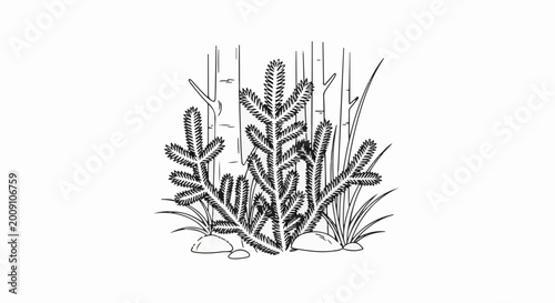 Sketch of evergreen foliage, grass, and trees in black and white