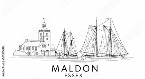 Sketch of historic building and sailboats on water with text 