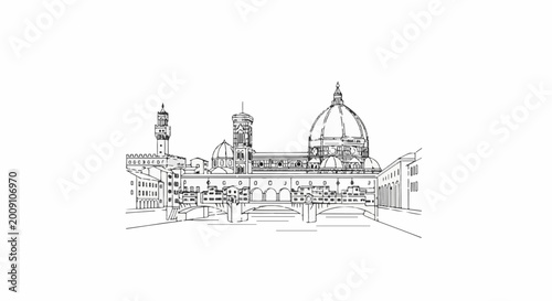 Sketch of Italian city skyline with dome and bridge over river