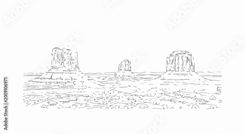 Sketch of iconic rock formations rise majestically from a desolate desert landscape