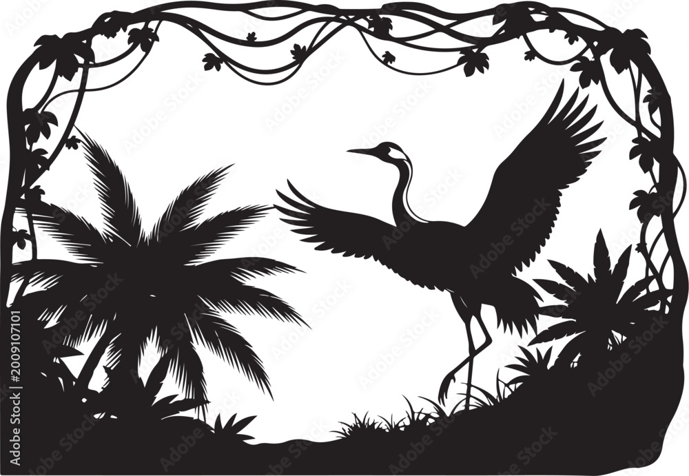 Fototapeta premium Black silhouette of a crane standing with wings spread bird