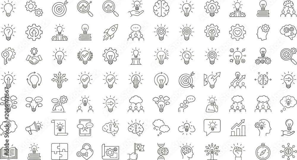 Obraz premium Innovation and Idea Generation Icon Set with Lightbulbs, Growth, Brainstorming, and Problem-Solving Symbols for Business and Creativity