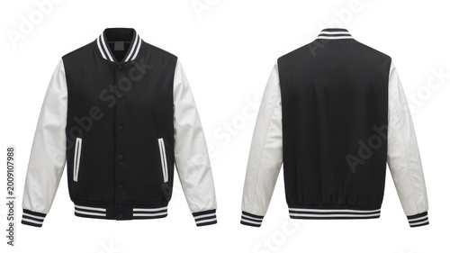 Blank black and white varsity jacket, front and back views, isolated on white background