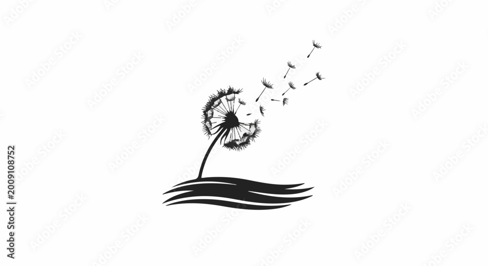 Obraz premium Stylized dandelion with seeds scattering in the wind over abstract waves